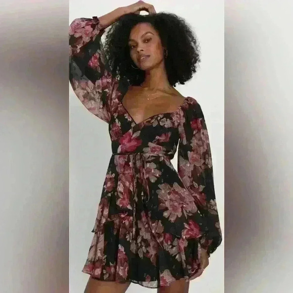 NWT Lulus Dramatically Dreamy Black Floral Chiffon Tiered Lurex Mini Dress - Picture 1 of 14